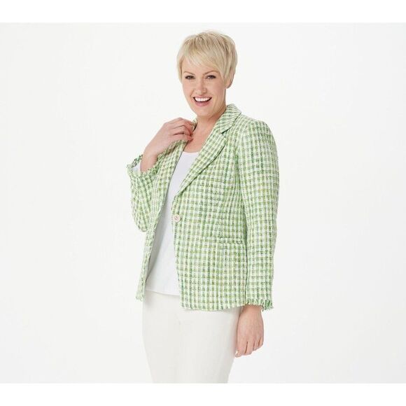 Dennis Basso Women Blazer ~ sz 6 Tweed Bracelet Sleeve Lime Green Plaid A395878 - Picture 1 of 4